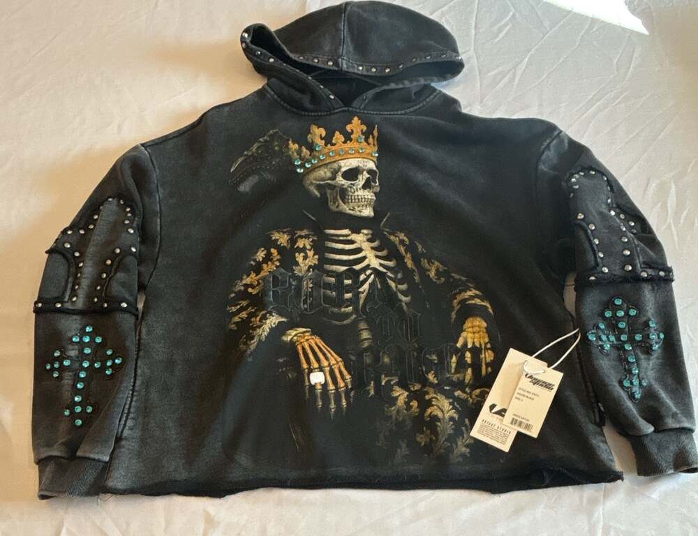 Voyage Studio King Rhinestone Skeleton Graphic Hoodie Black 53J12